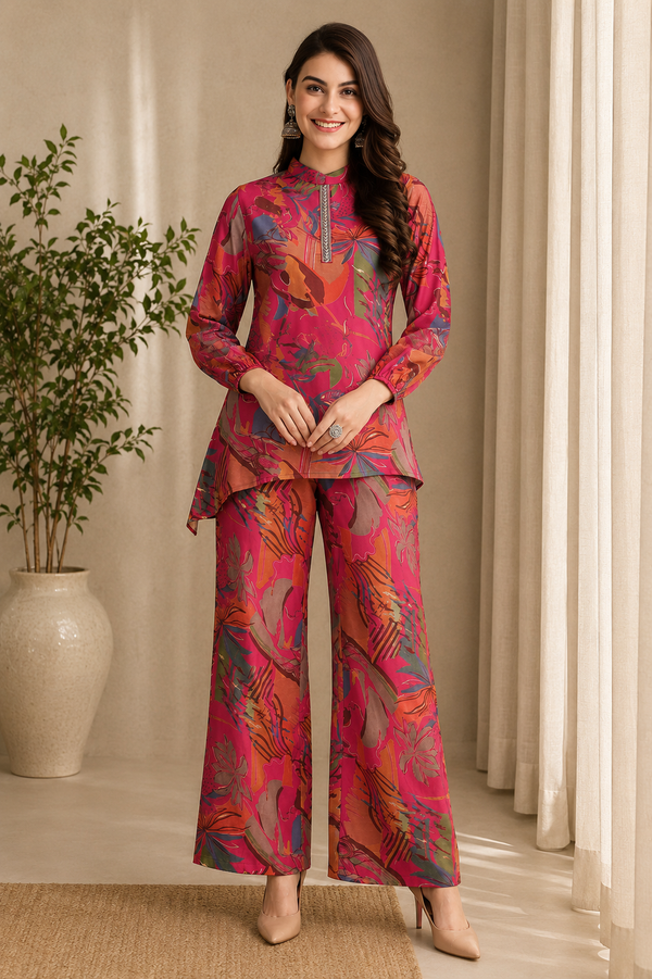 Pink Floral Tunic Palazzo Ethnic Co-Ord Set for Women