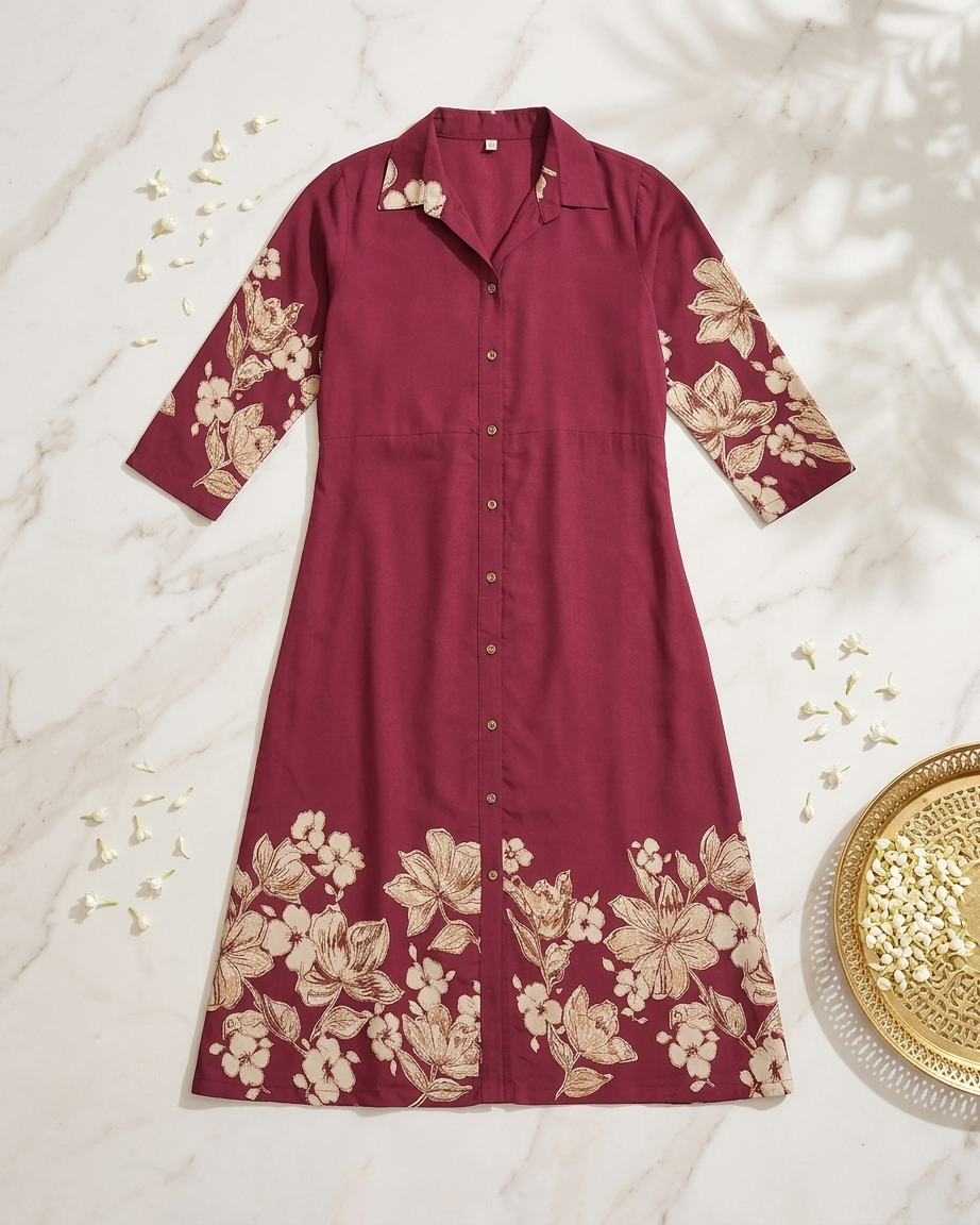 Wine Chanderi Floral Style Ethnic Dress for Women| Claura
