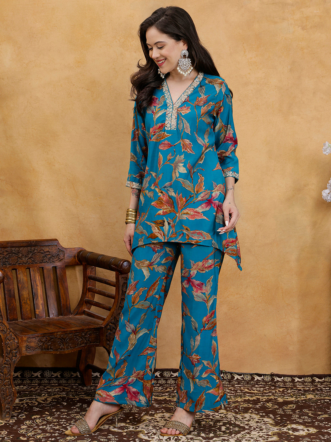 Blue Floral Printed V-Neck Tunic with Printed Trousers Co-Ord Set
