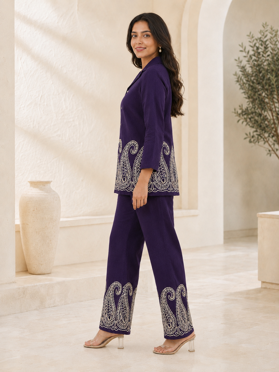 Purple Embroidered Linen Shirt & Trousers Co-Ord Set | Claura