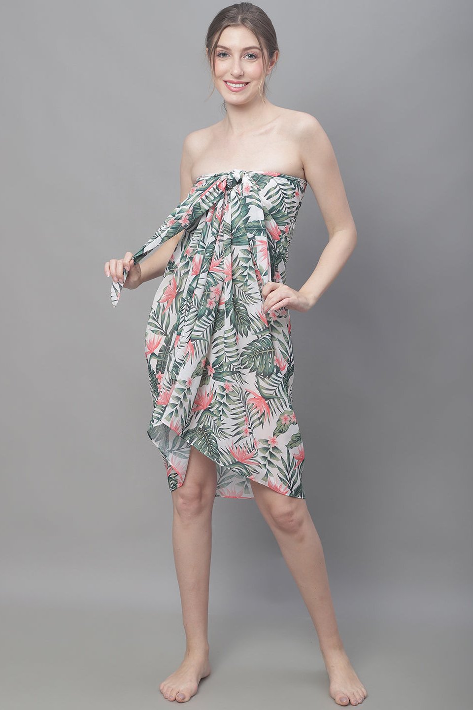 Green Tropical Printed  Georgette Beachwear Cover Up Sarong Claura Designs Pvt. Ltd. Sarong Beachwear, Free Size, Printed, Sarong, Swimwear, tropical, White