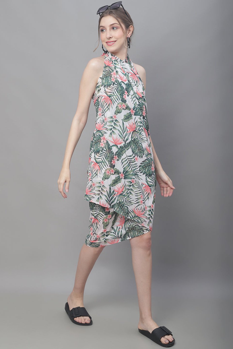 Green Tropical Printed  Georgette Beachwear Cover Up Sarong Claura Designs Pvt. Ltd. Sarong Beachwear, Free Size, Printed, Sarong, Swimwear, tropical, White