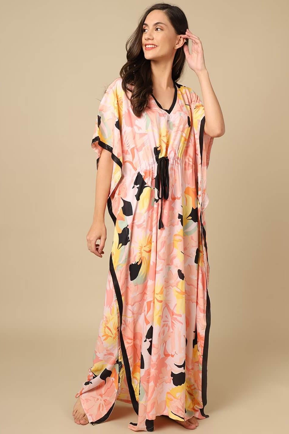 Close-up of rayon fabric detail on multi color Kaftan Dress