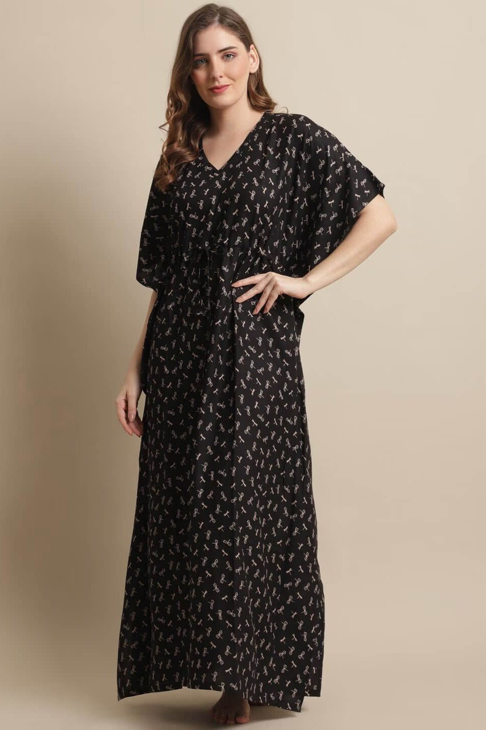 Black Color Floral Printed Viscose Rayon Kaftan Claura Designs Pvt. Ltd. Kaftan Black, Floral, kaftan, kaftan_freesize, Nightdress, Printed, Rayon, Sleepwear, V-Neck