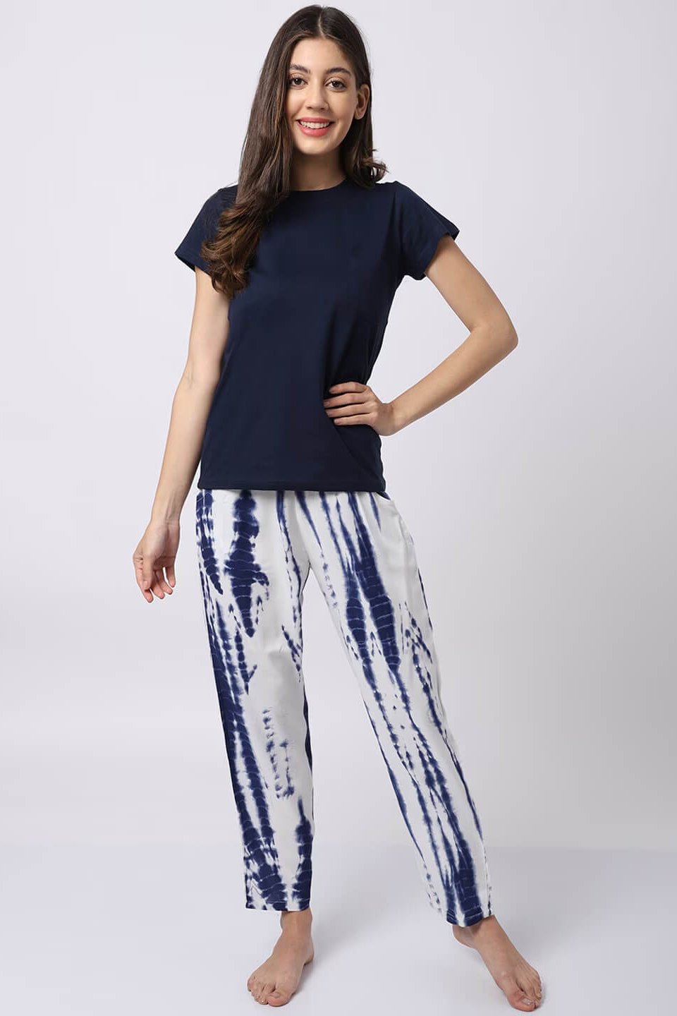 Navy Cotton Night Suit with Half Sleeves and Full Bottoms