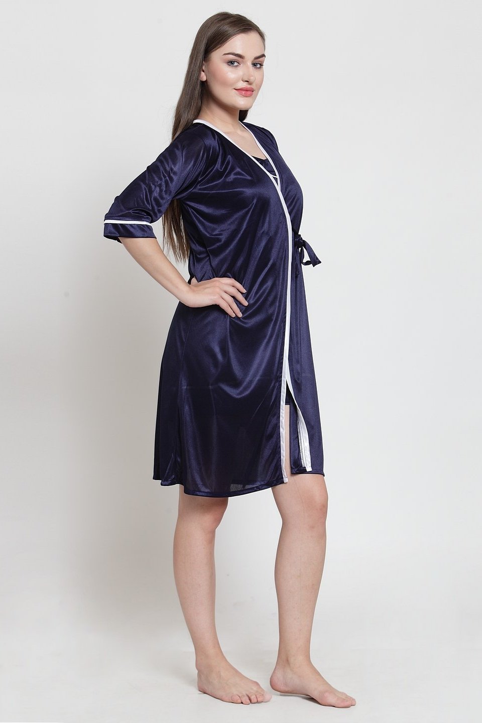 Navy Blue Color Solid Printed  Satin Nightyrobe For Women Claura Designs Pvt. Ltd. Robe Kaftan_allsizes, Navy Blue, Nightyrobe, Satin, Solid Printed