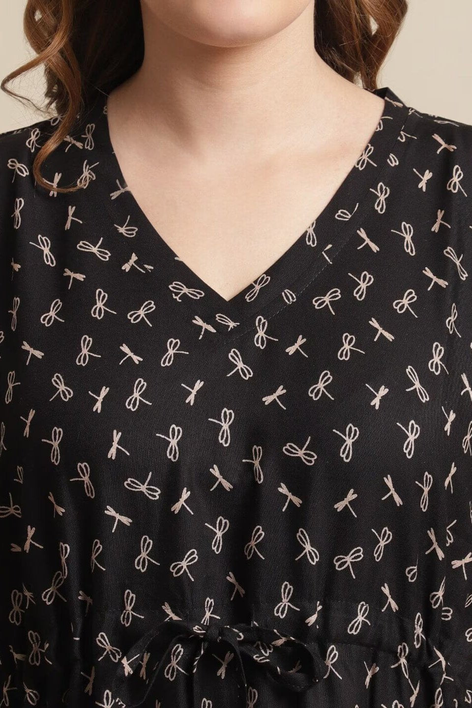 Black Color Floral Printed Viscose Rayon Kaftan Claura Designs Pvt. Ltd. Kaftan Black, Floral, kaftan, kaftan_freesize, Nightdress, Printed, Rayon, Sleepwear, V-Neck