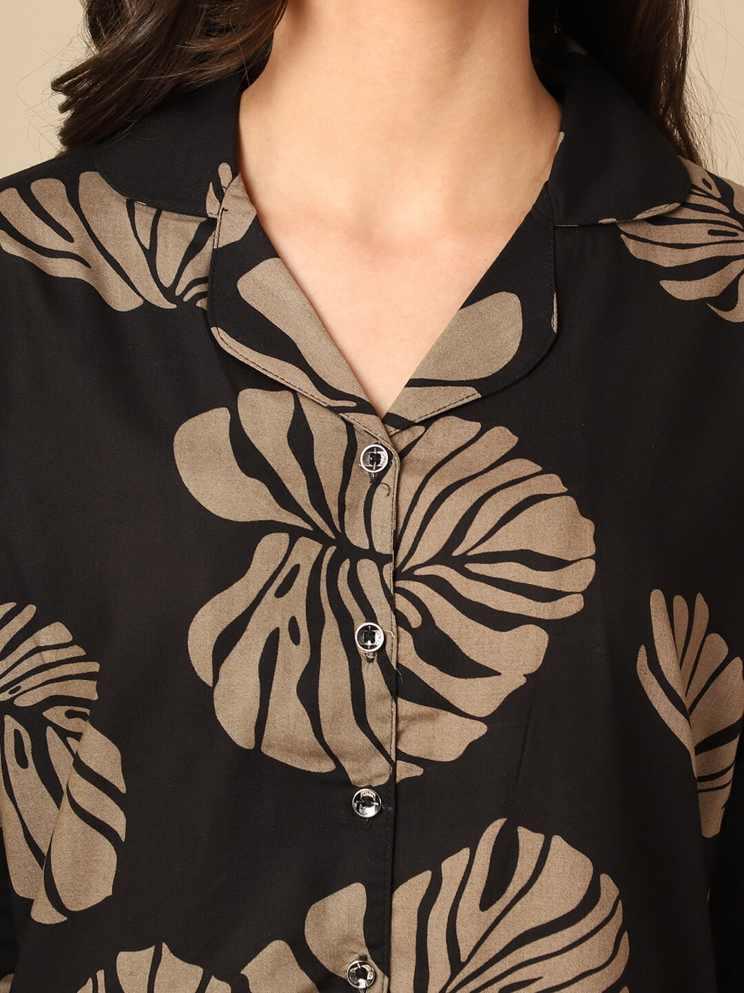 Black Leaf Print Viscose Rayon Night Suit for Women by Claura

