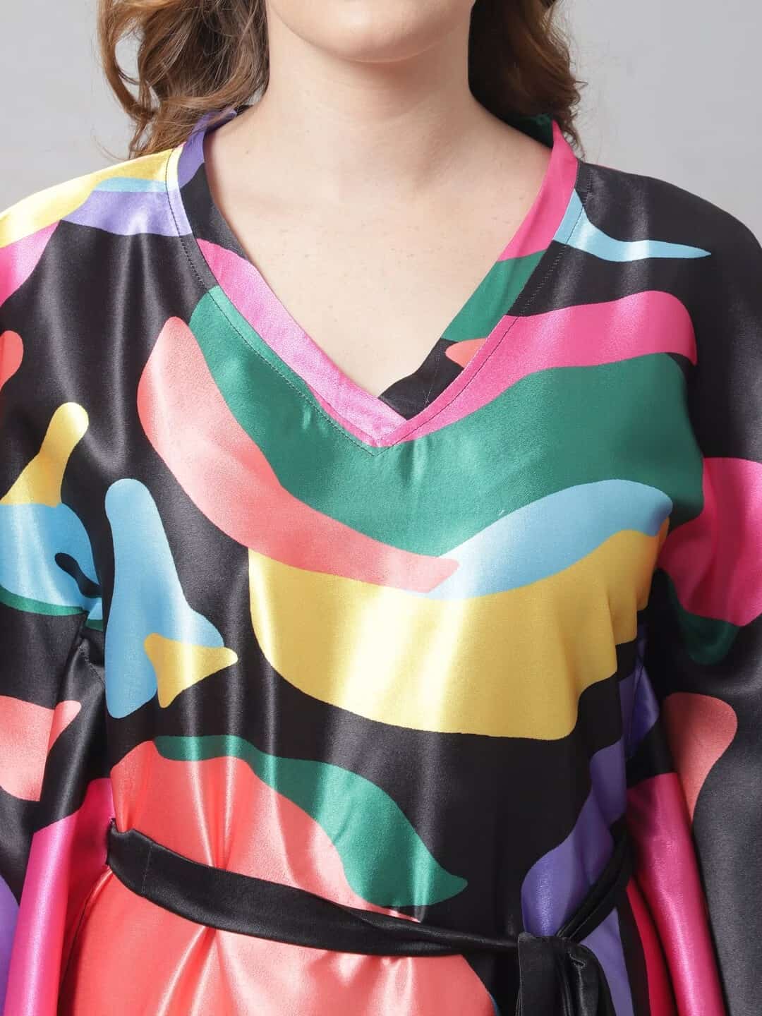 Pink Abstract Printed Satin Kaftan Maxi Nightdress For Women Claura Designs Pvt. Ltd. Kaftan Abstract, Black, Kaftan, Kaftan_allsizes, Nightdress, Pink, Printed, Satin, Short  Sleeves, Sleepwea