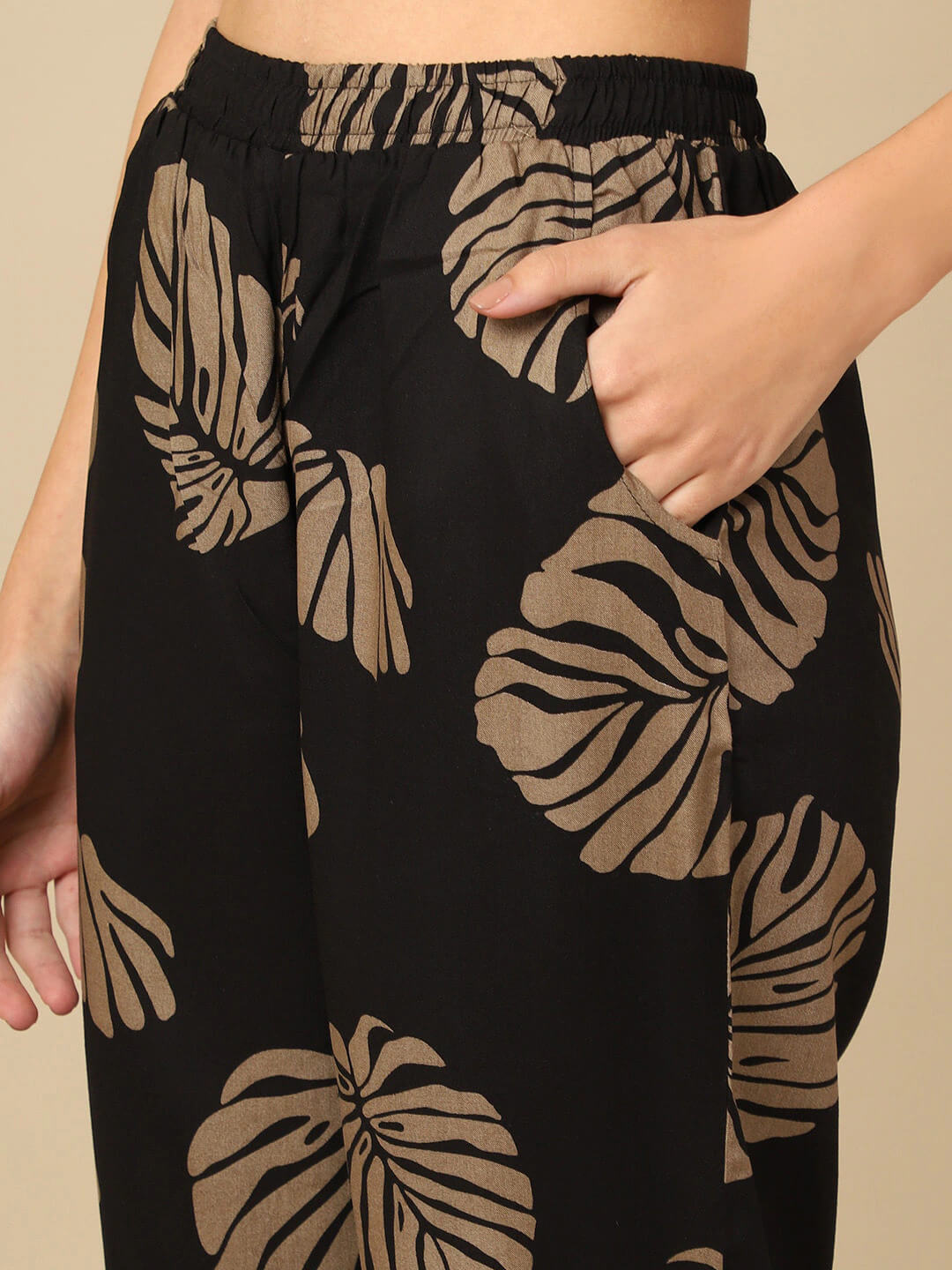Black Leaf Print Viscose Rayon Night Suit for Women by Claura


