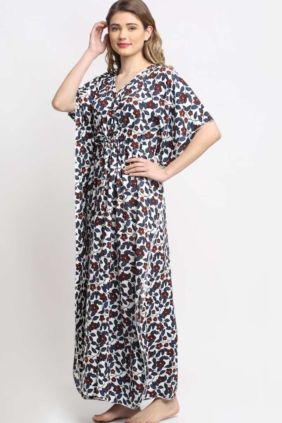 Close-up of soft rayon fabric on white and blue Kaftan Dress