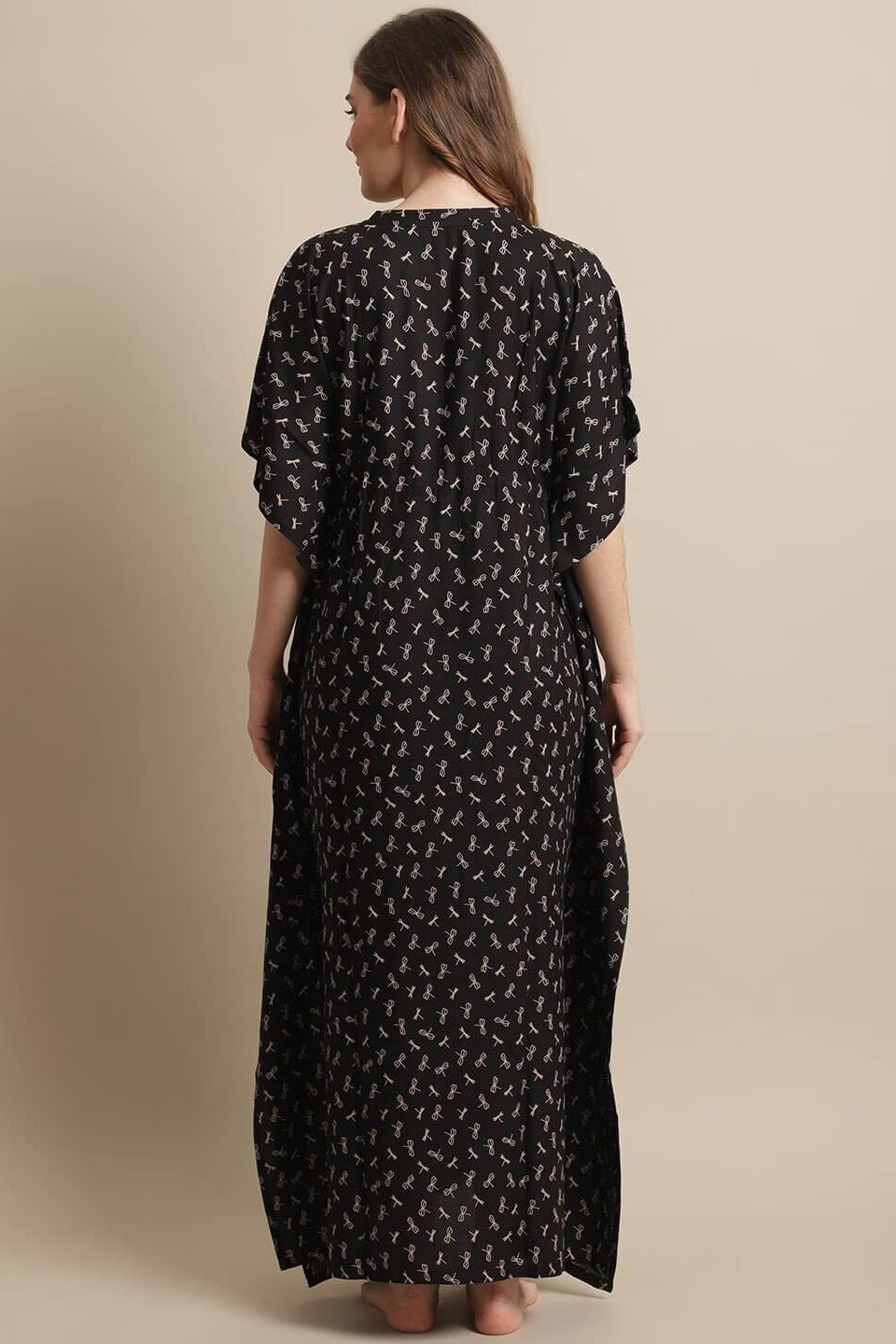 Black Color Floral Printed Viscose Rayon Kaftan Claura Designs Pvt. Ltd. Kaftan Black, Floral, kaftan, kaftan_freesize, Nightdress, Printed, Rayon, Sleepwear, V-Neck