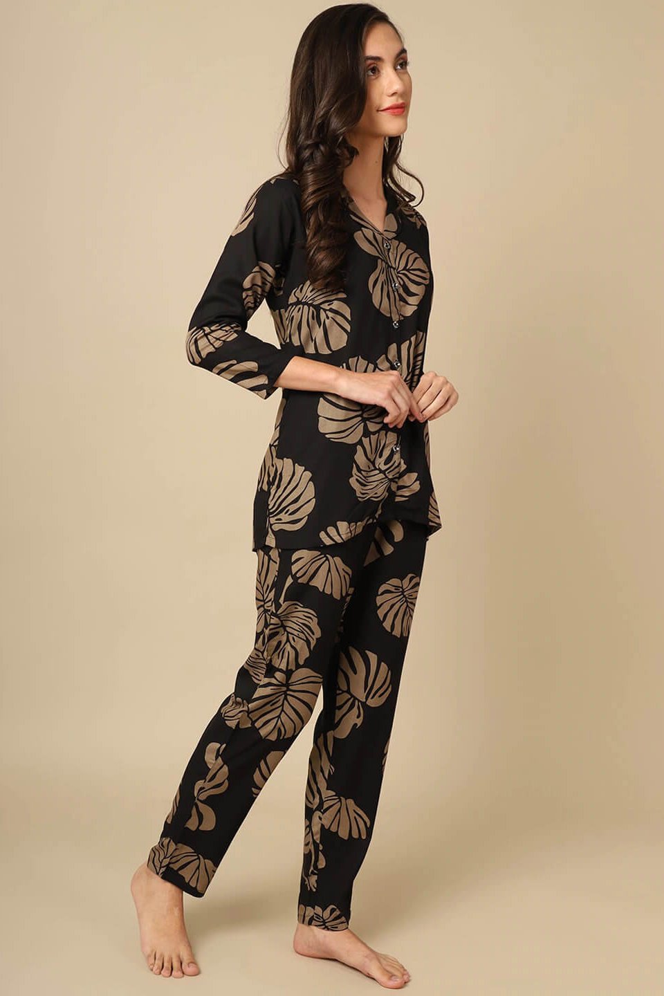 Black Leaf Print Viscose Rayon Night Suit for Women by Claura

