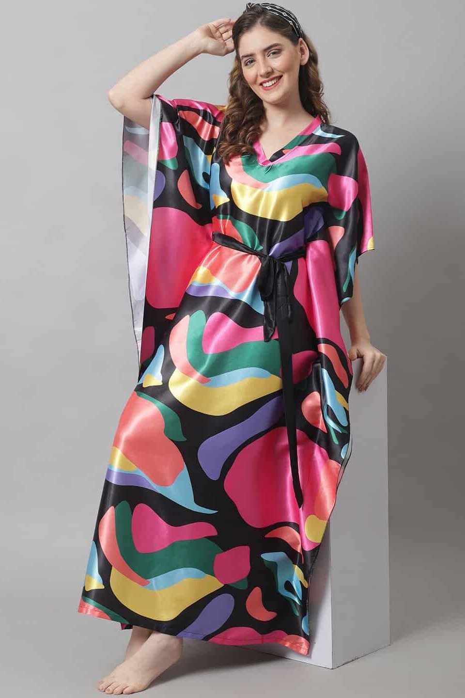 Pink Abstract Printed Satin Kaftan Maxi Nightdress For Women Claura Designs Pvt. Ltd. Kaftan Abstract, Black, Kaftan, Kaftan_allsizes, Nightdress, Pink, Printed, Satin, Short  Sleeves, Sleepwea