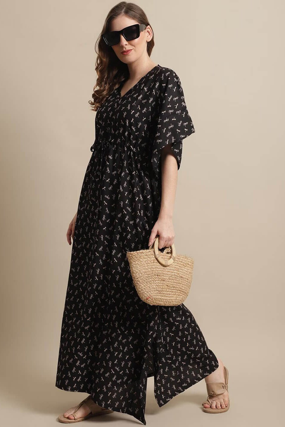 Black Color Floral Printed Viscose Rayon Kaftan Claura Designs Pvt. Ltd. Kaftan Black, Floral, kaftan, kaftan_freesize, Nightdress, Printed, Rayon, Sleepwear, V-Neck