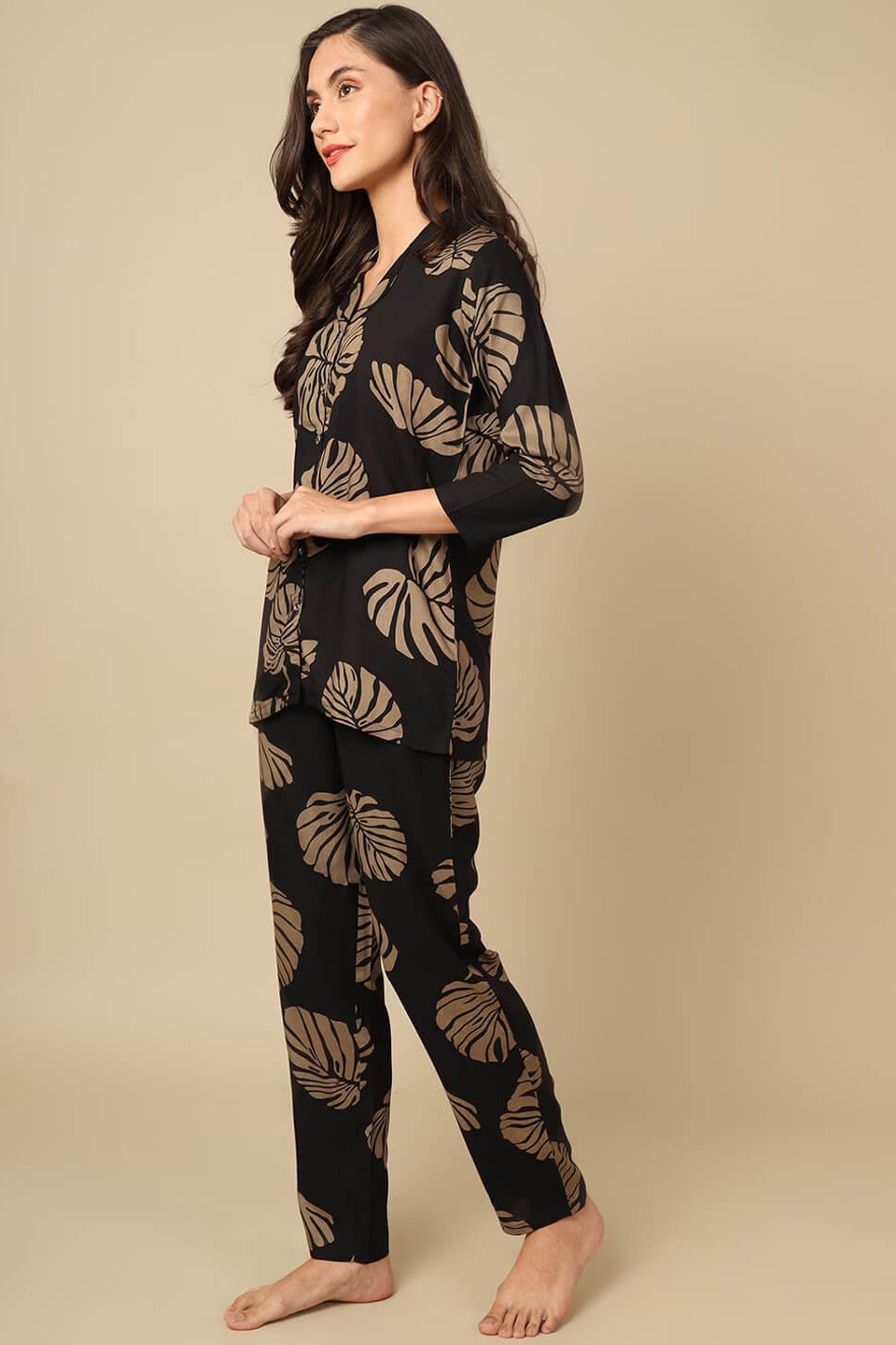 Black Leaf Print Viscose Rayon Night Suit for Women by Claura

