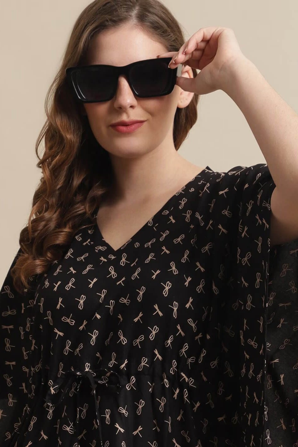 Black Color Floral Printed Viscose Rayon Kaftan Claura Designs Pvt. Ltd. Kaftan Black, Floral, kaftan, kaftan_freesize, Nightdress, Printed, Rayon, Sleepwear, V-Neck