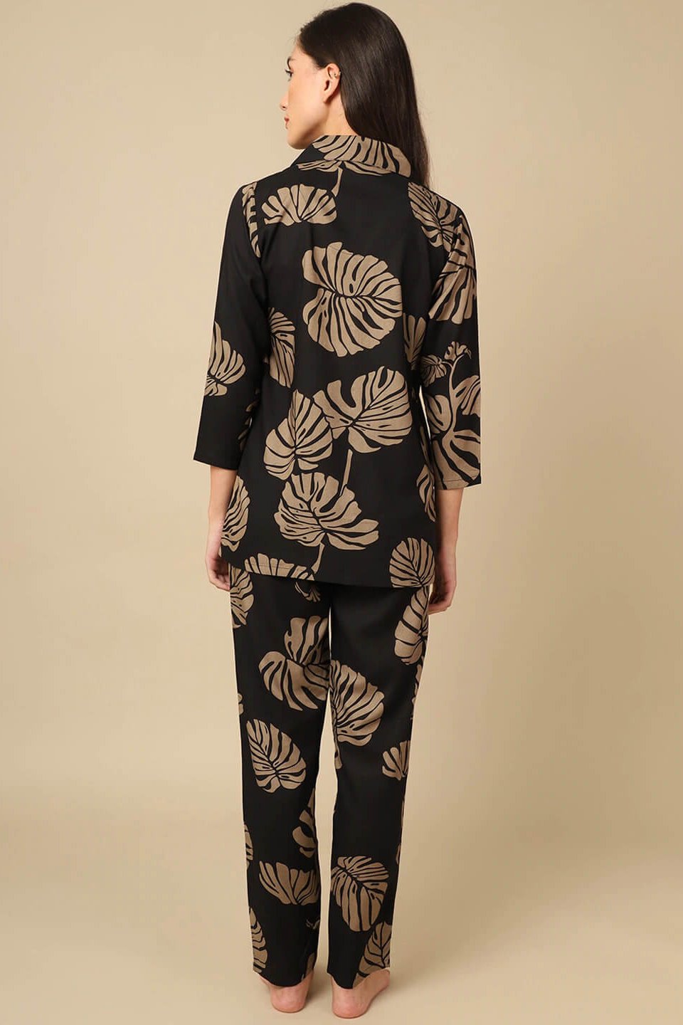 Black Leaf Print Viscose Rayon Night Suit for Women by Claura

