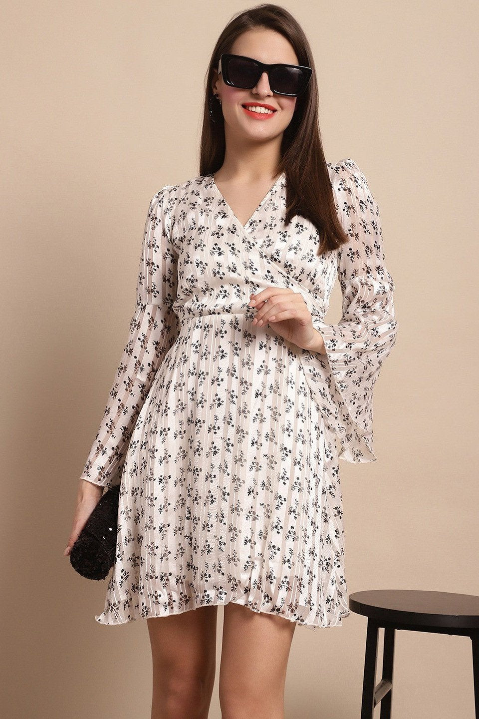 White Color Floral Printed Georgette  Dress For Women Claura Designs Pvt. Ltd. Ethic dress Dresses, Floral, Georgette, Long Sleeves, Party wear, Printed, White