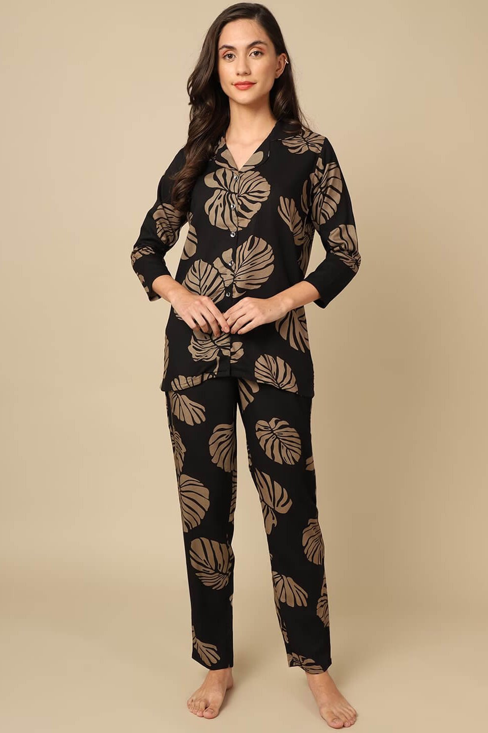 Black Leaf Print Viscose Rayon Night Suit for Women by Claura

