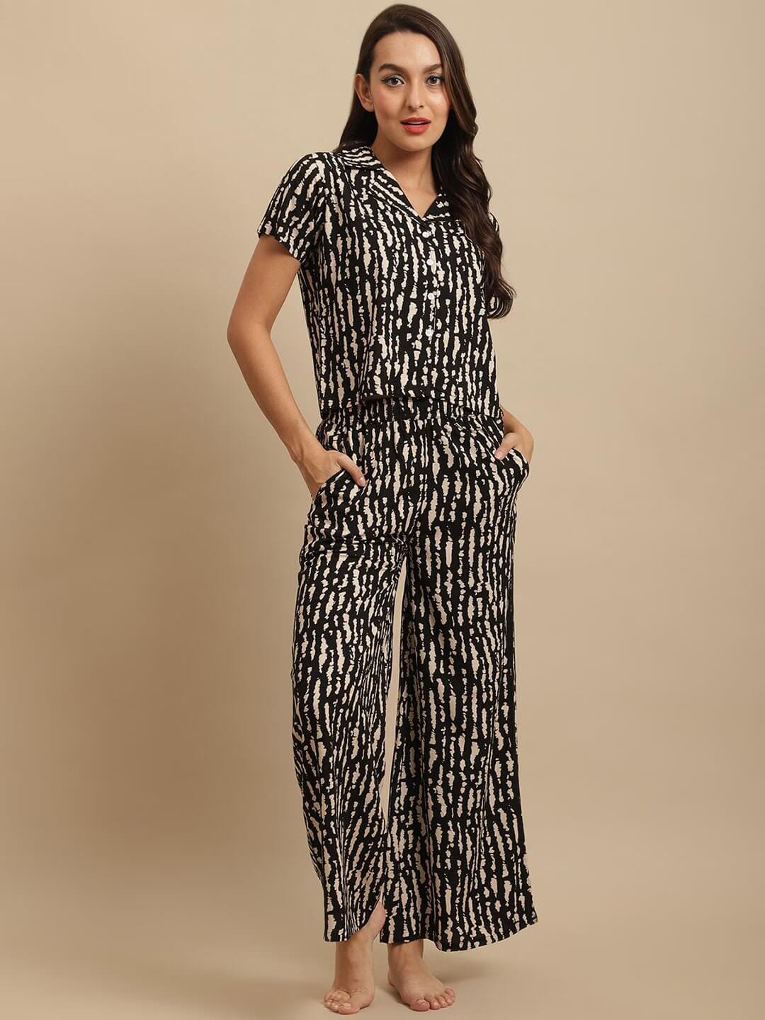 Black Tie and Dye Viscose Rayon Night Suit for Women by Claura

