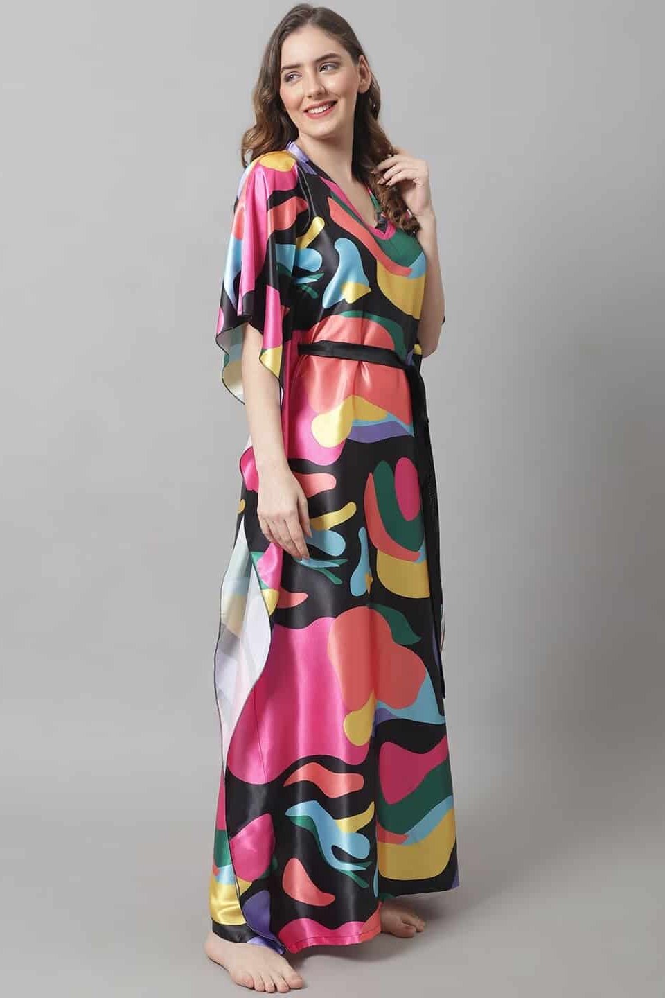 Pink Abstract Printed Satin Kaftan Maxi Nightdress For Women Claura Designs Pvt. Ltd. Kaftan Abstract, Black, Kaftan, Kaftan_allsizes, Nightdress, Pink, Printed, Satin, Short  Sleeves, Sleepwea