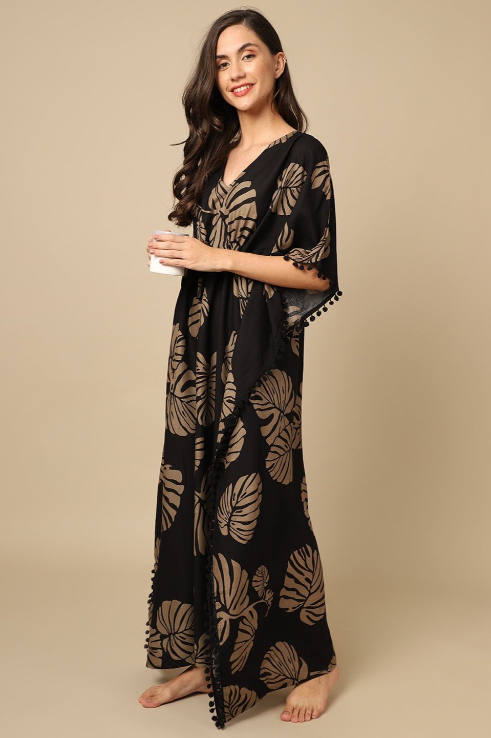 Close-up of rayon fabric on black Kaftan Dress