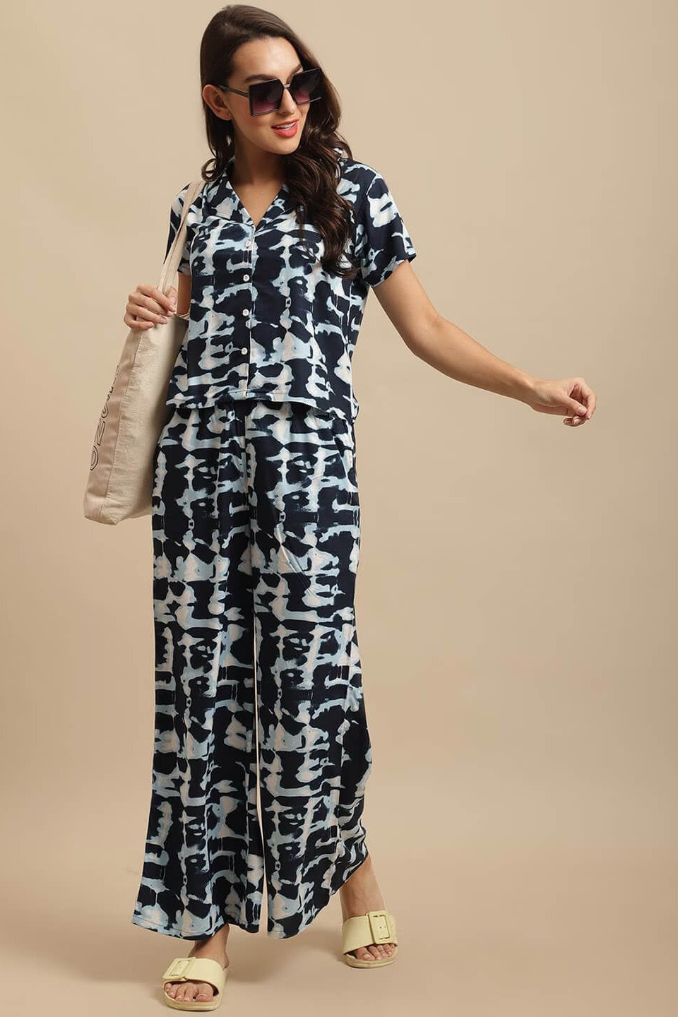 Woman wearing Navy Printed Night Suit