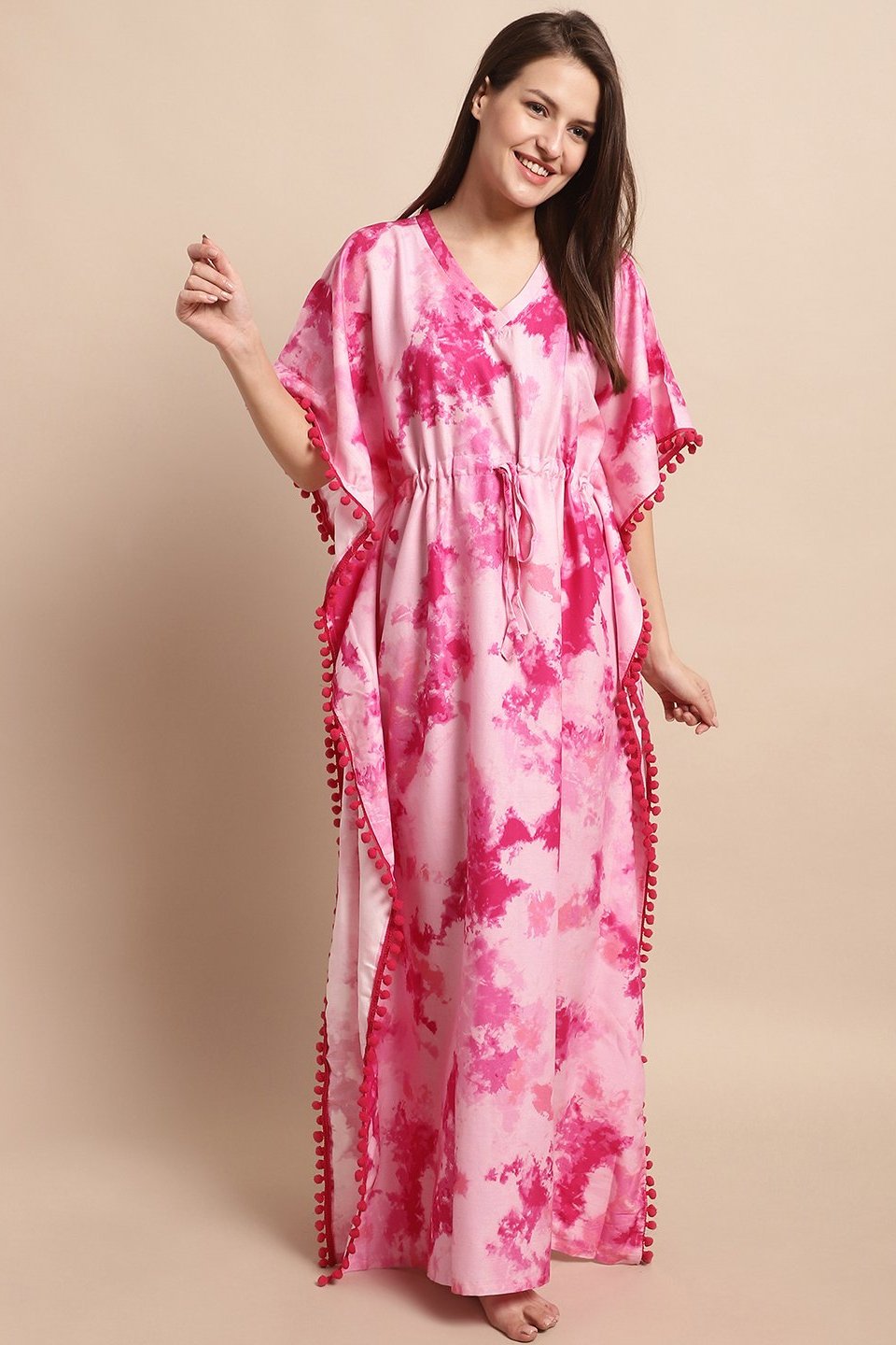 Pink Floral Printed Viscose Rayon Nightdress Kaftan Claura Designs Pvt. Ltd. Kaftan Floral, Free Size, kaftan, kaftan_freesize, Nightdress, Pink, Printed, Rayon, Sleepwear, V-Neck