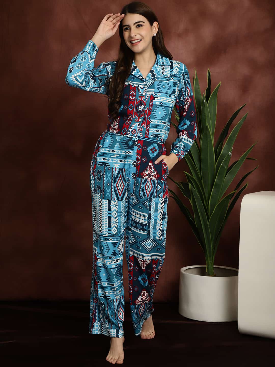 Woman wearing Blue Ethnic Print Night Suit 