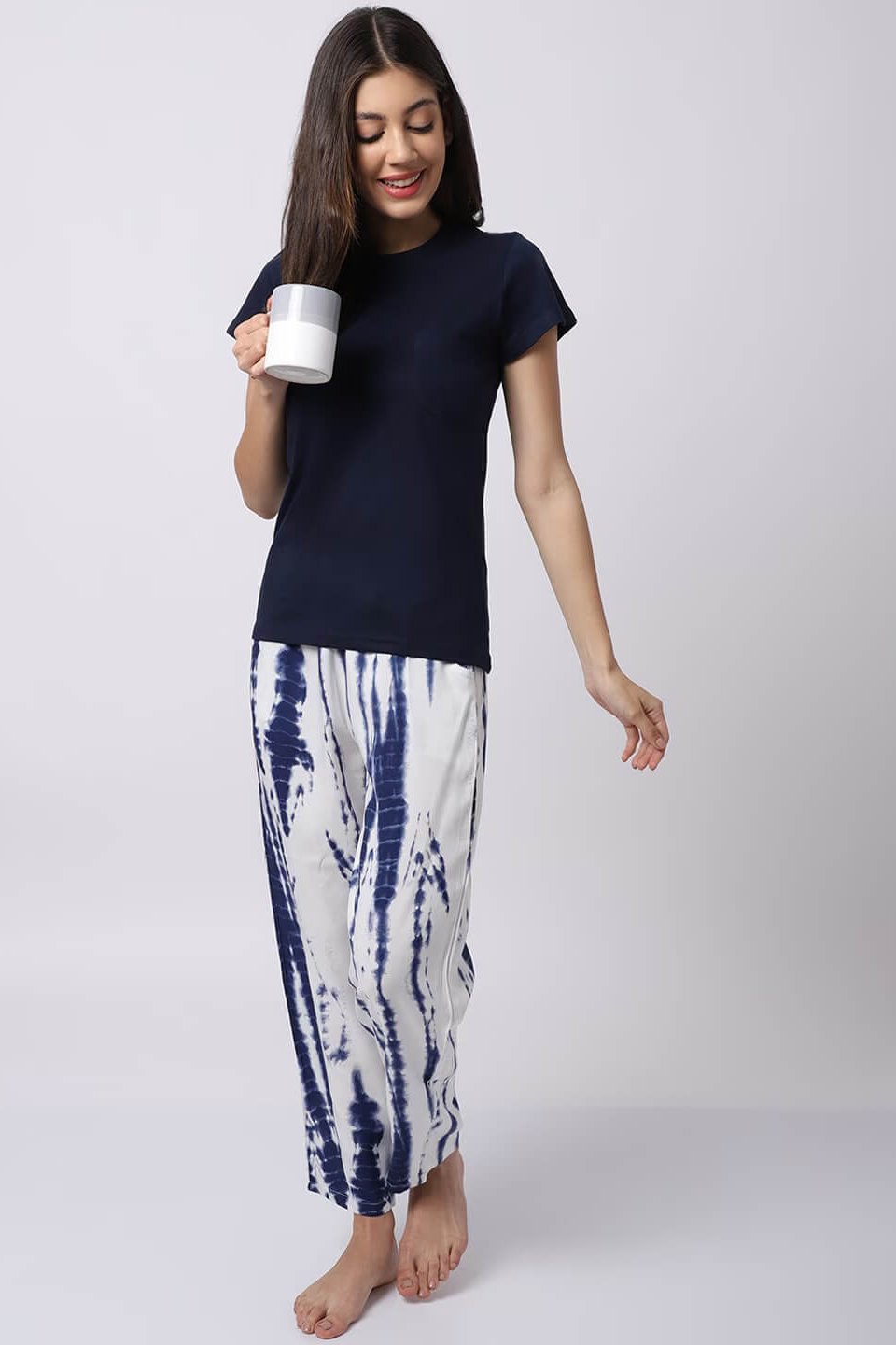 Woman wearing Navy Printed Night Suit 
