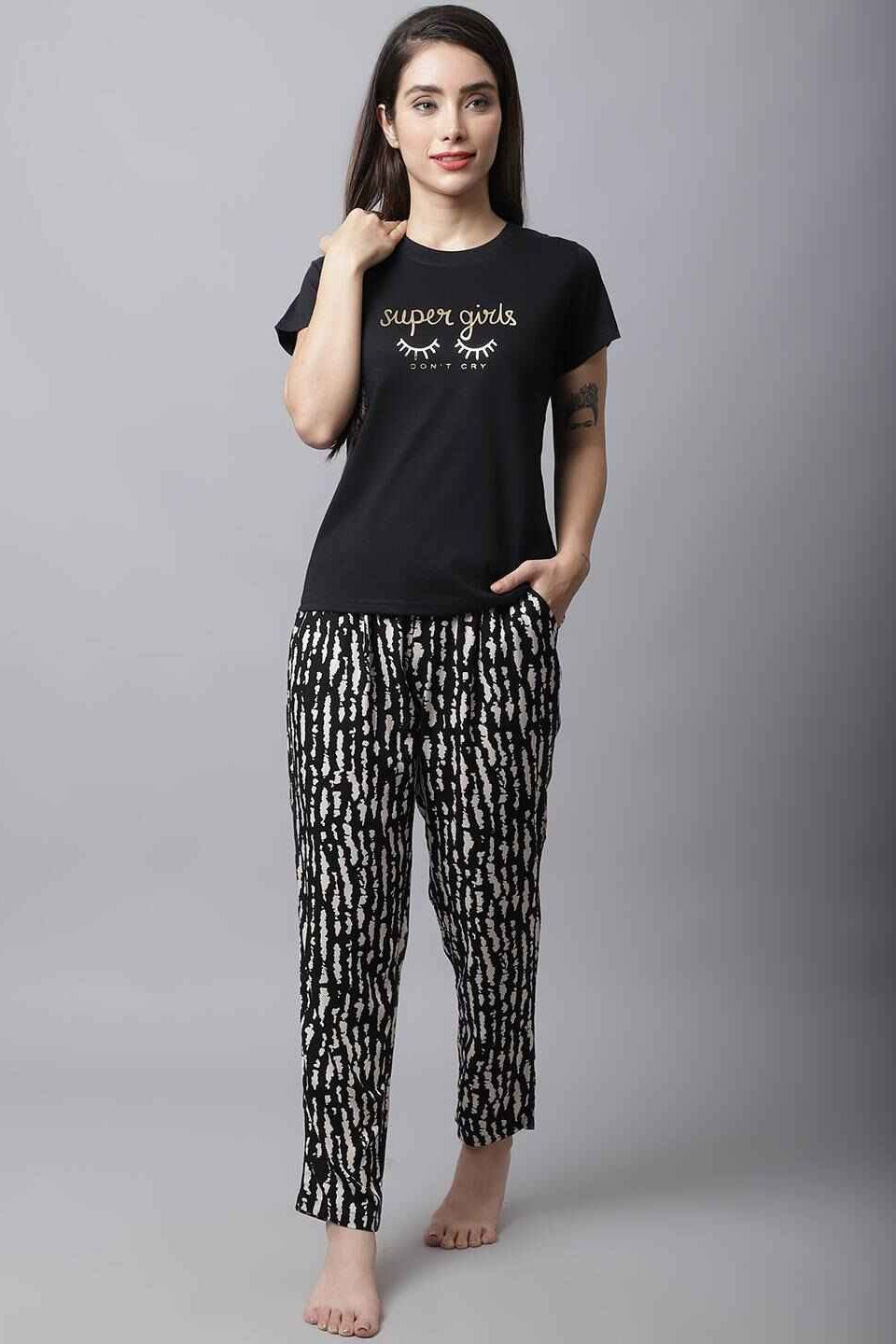  Black Abstract Printed Cotton Night Suit for Women by Claura