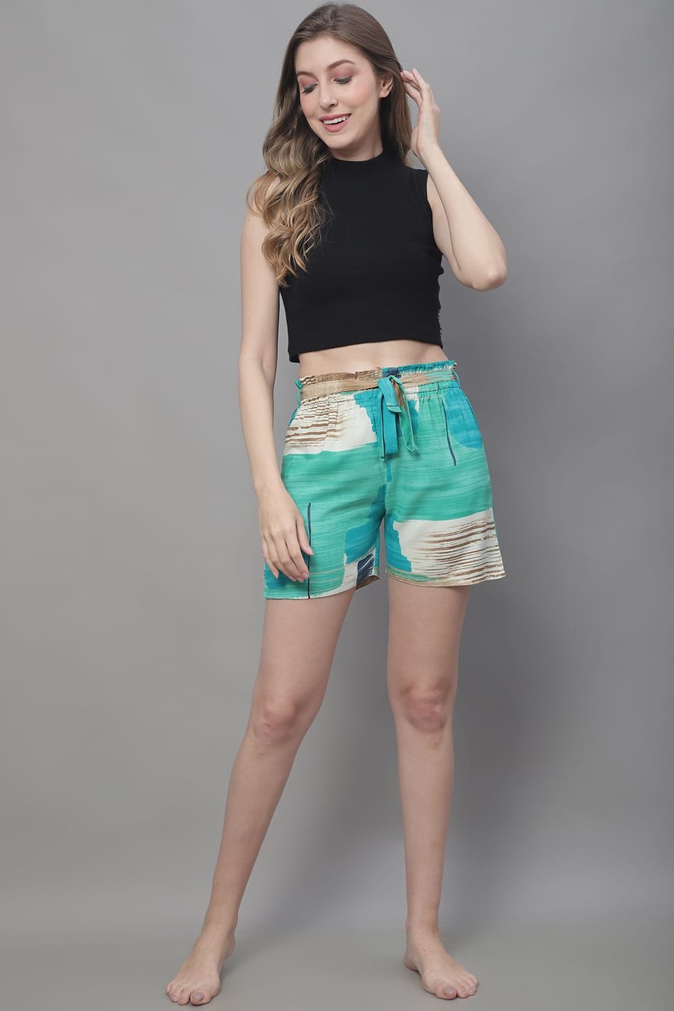 Green Color Abstract Printed Viscose Rayon Shorts For Woman Claura Designs Pvt. Ltd. Lounge Shorts Abstract, Green, Lounge Short, Loungeshort_size, Printed, Rayon, Shorts