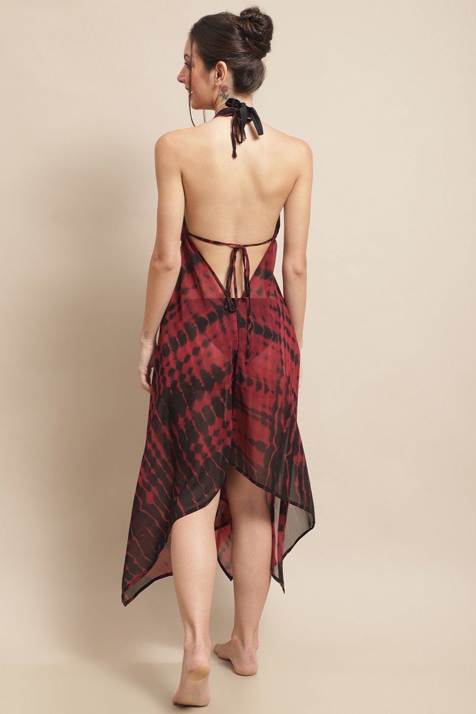 Maroon Color Tie and Dye Printed Georgette Coverup Beachwear For Woman Claura Designs Pvt. Ltd. Beachwear Beachwear, Beachwear_size, Coverup, Georgette, Maroon, Resortwear, Swimwear