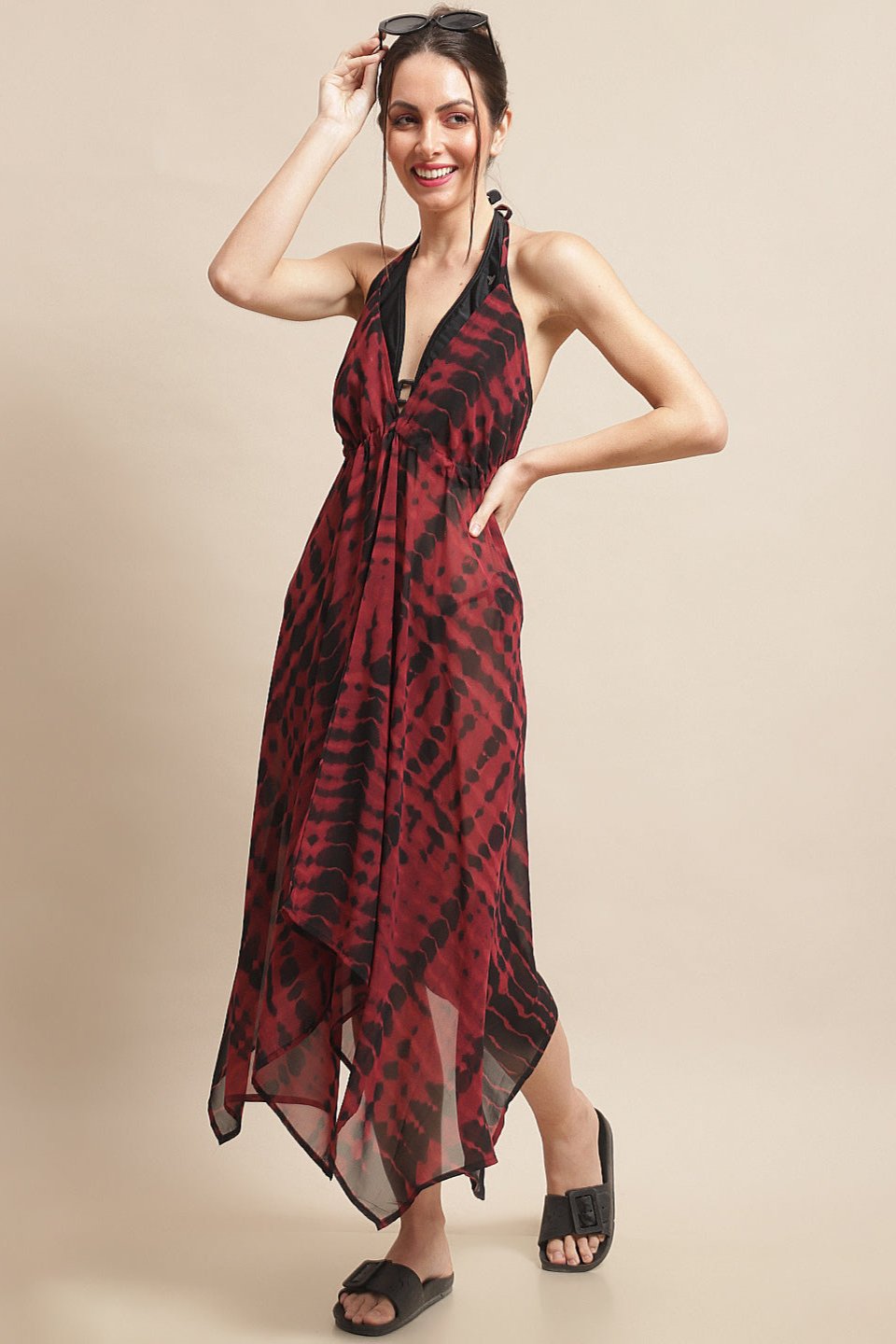 Maroon Color Tie and Dye Printed Georgette Coverup Beachwear For Woman Claura Designs Pvt. Ltd. Beachwear Beachwear, Beachwear_size, Coverup, Georgette, Maroon, Resortwear, Swimwear
