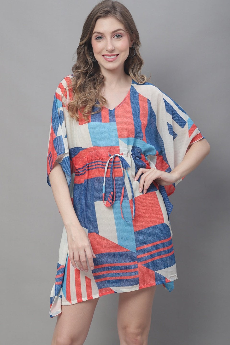 Blue Color Abstract Georgette Coverup Beachwear Kaftan For Woman Claura Designs Pvt. Ltd. Kaftan blue, Coverup, Georgette, kaftan, Kaftan_allsizes, Printed, Swimwear, V-Neck