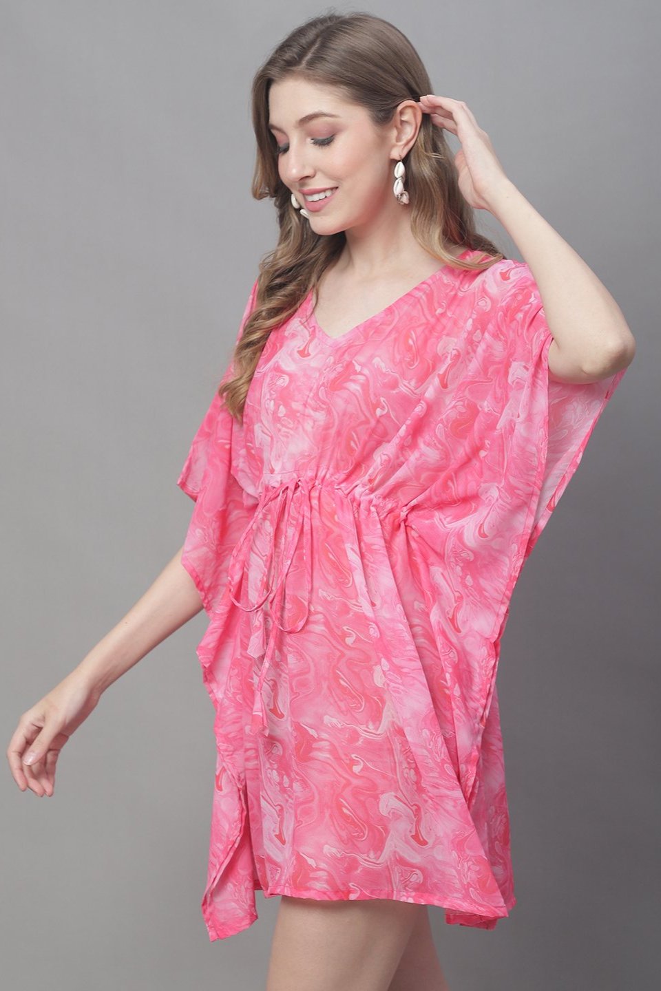 Pink Color Tie and Dye Printed Georgette Coverup Beachwear Kaftan For Woman Claura Designs Pvt. Ltd. Kaftan Beachwear, Coverup, Georgette, kaftan, kaftan_freesize, Pink, Swimwear