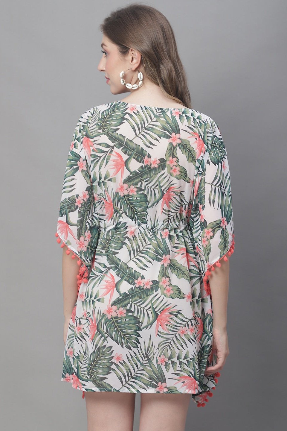 Green Color Tropical Printed Georgette Coverup Beachwear For Woman Claura Designs Pvt. Ltd. Kaftan Beachwear, Coverup, Free Size, Green, kaftan_freesize, Resortwear, Swimwear, tropical