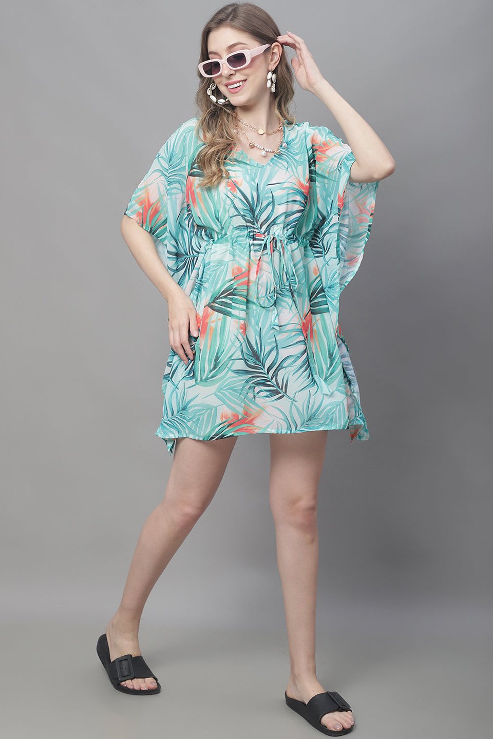 Green Color Tropical Printed Georgette Coverup Beachwear For Woman Claura Designs Pvt. Ltd. Kaftan Beachwear, Coverup, Free Size, Green, kaftan_freesize, Swimwear, tropical