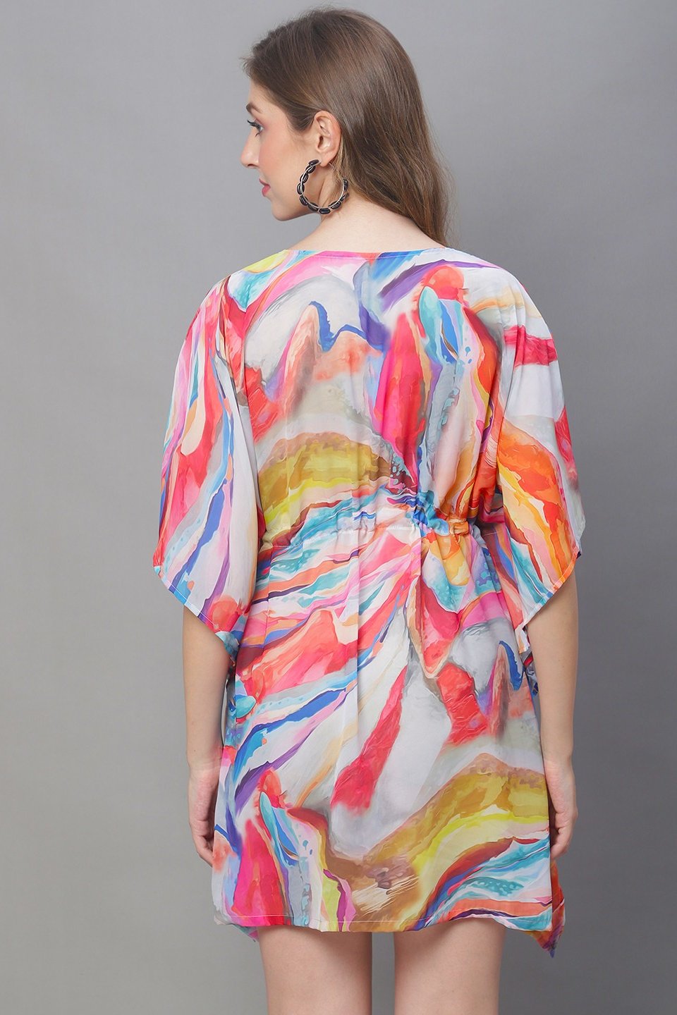 Multi Color Abstract Printed Georgette Coverup Beachwear Kftan For Woman Claura Designs Pvt. Ltd. Kaftan Beachwear, Coverup, Free Size, Georgette, kaftan_freesize, multi color, Swimwear