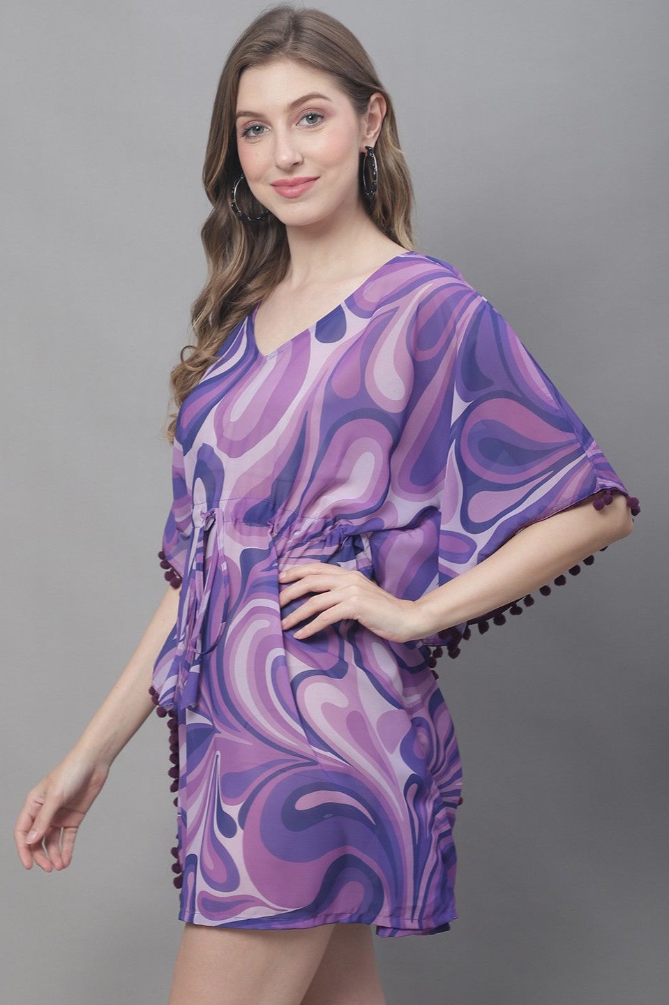 Purple Color Abstract Printed Georgette Coverup Beachwear Kaftan For Woman Claura Designs Pvt. Ltd. Kaftan Beachwear, Beachwear_size, Coverup, kaftan, kaftan_freesize, Purple, Swimwear
