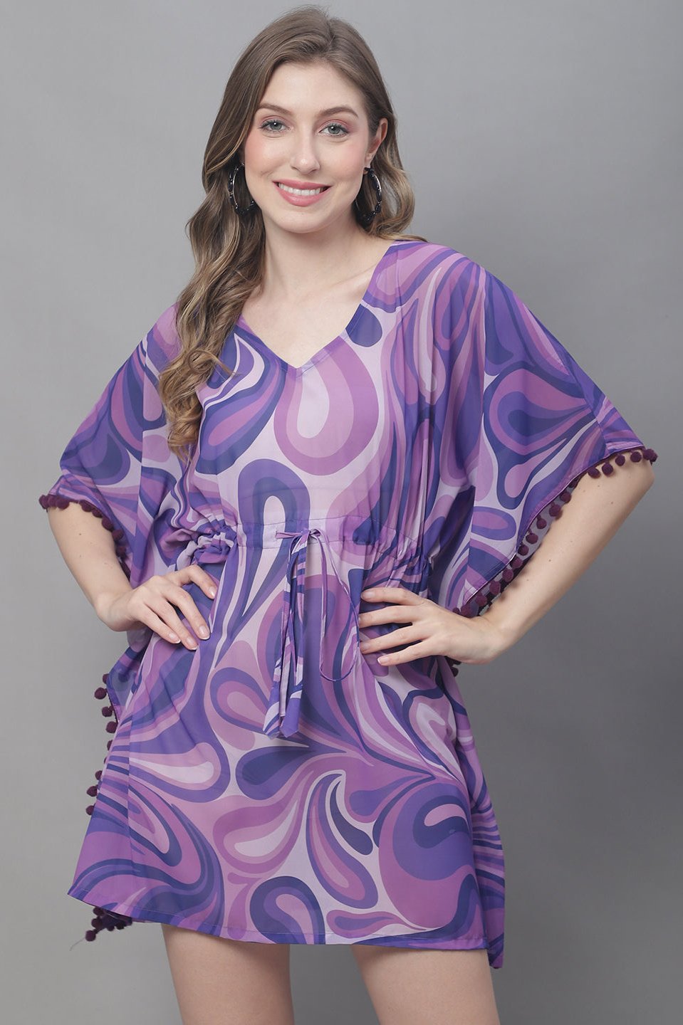 Purple Color Abstract Printed Georgette Coverup Beachwear Kaftan For Woman Claura Designs Pvt. Ltd. Kaftan Beachwear, Beachwear_size, Coverup, kaftan, kaftan_freesize, Purple, Swimwear