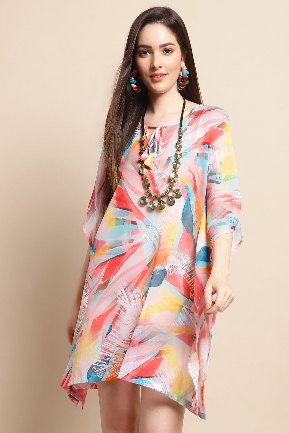 Model in multi-color beach wear for women