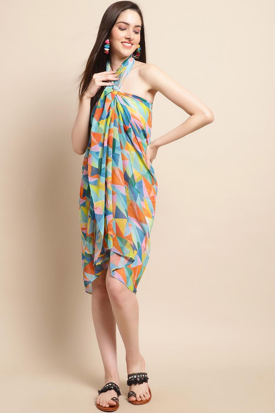 Multi Color Geometric Printed Georgette Swimwear Cover Up Sarong For Women Claura Designs Pvt. Ltd. Sarong Cover-up, Coverup, Free Size, georgette, multi color, Sarong, Swimwear