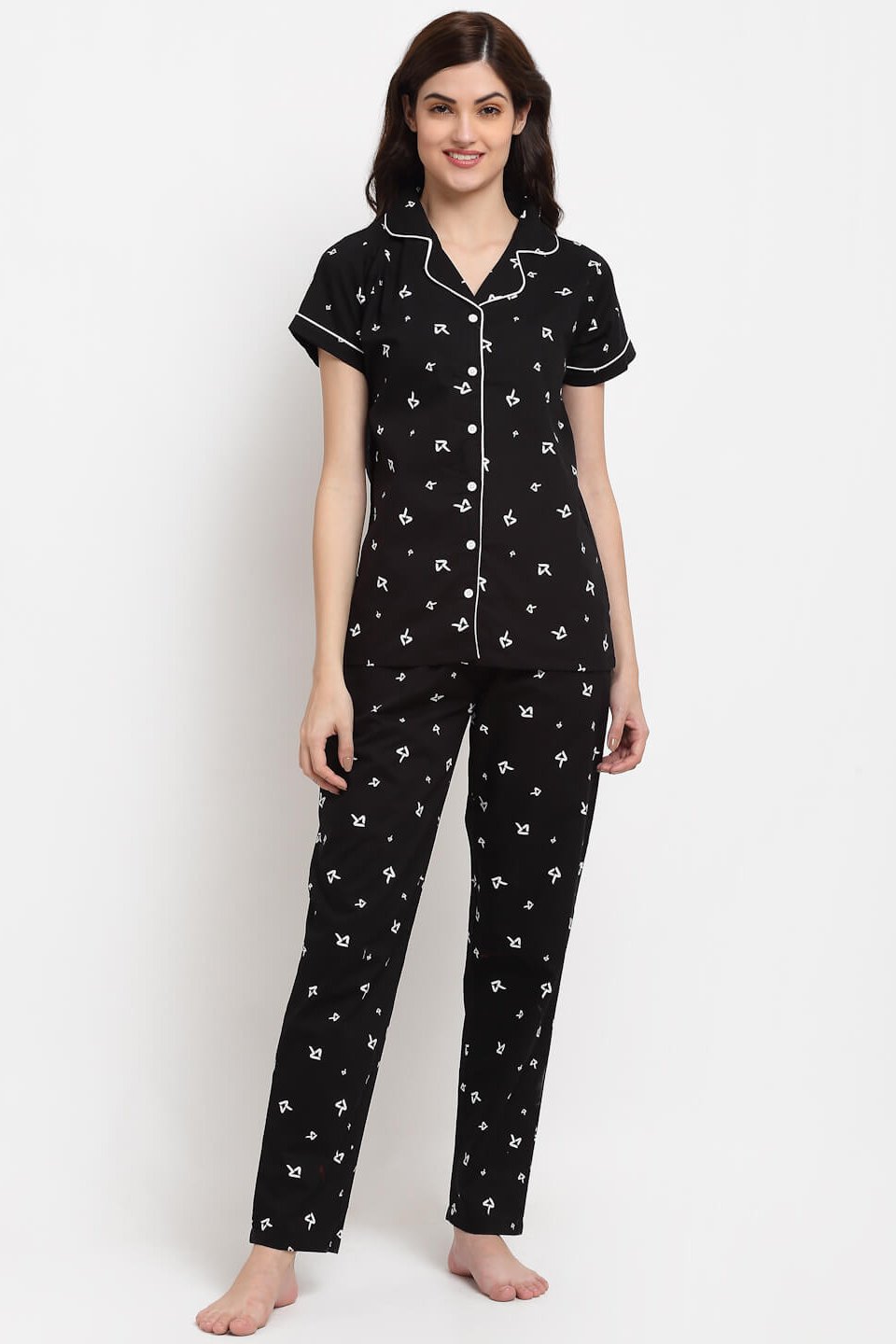 Black Abstract Printed Cotton Night Suit for Women by Claura