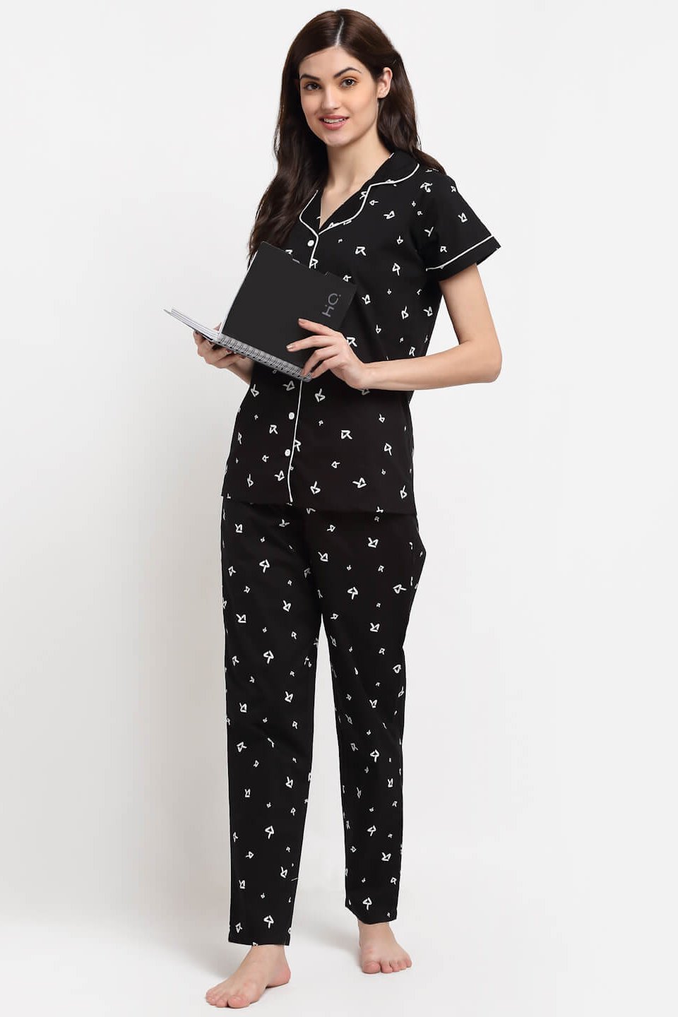 Black Abstract Printed Cotton Night Suit for Women by Claura