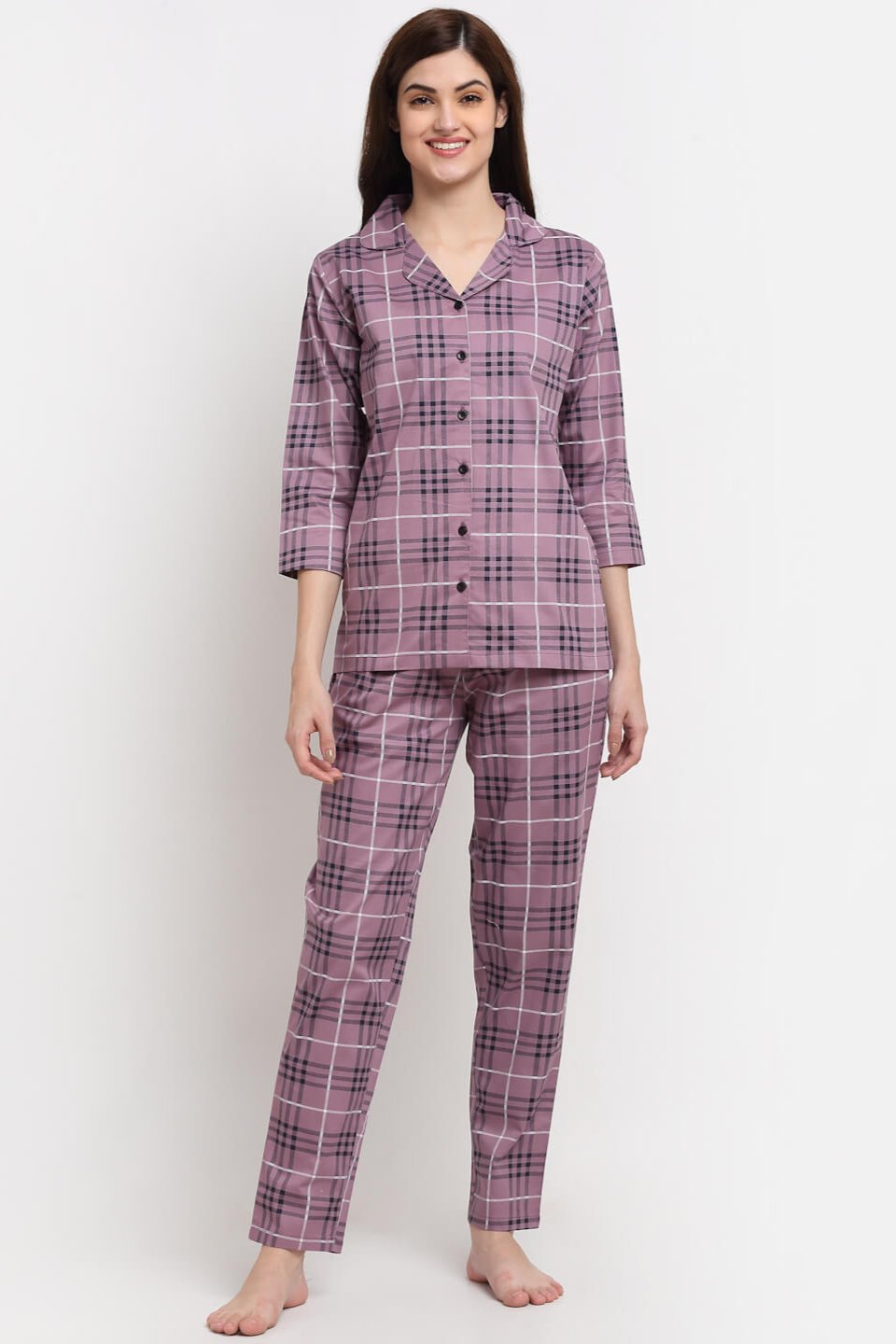  Purple Color Striped Printed Cotton Nightsuit for Women | Claura