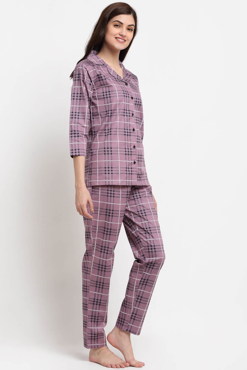  Purple Color Striped Printed Cotton Nightsuit for Women | Claura