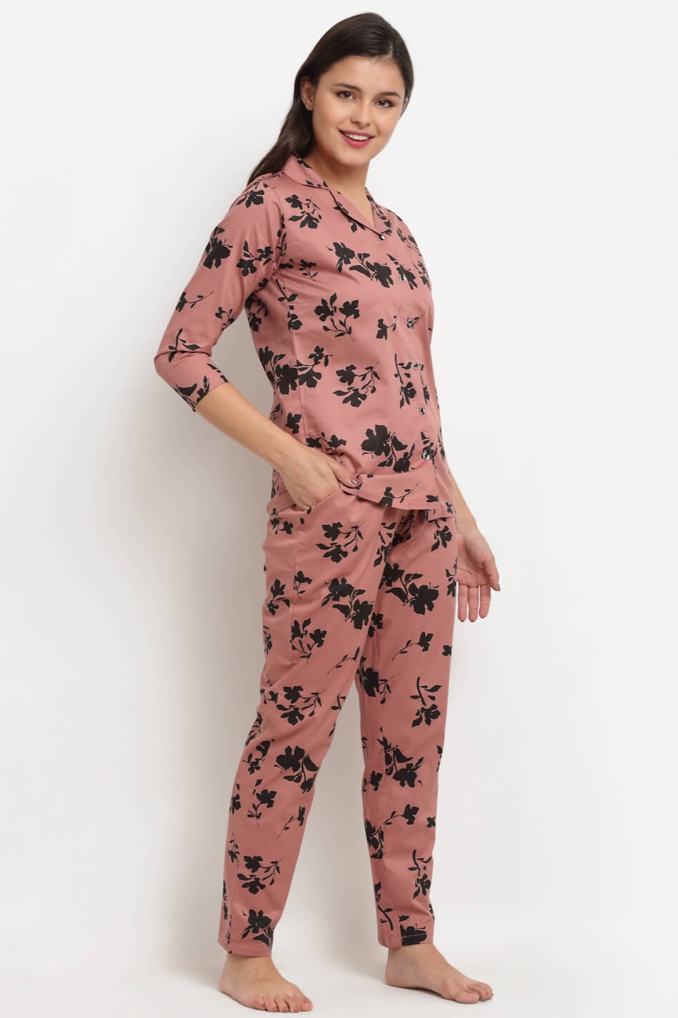 Rust Color Floral Printed Rayon Night Suit for Women by Claura

