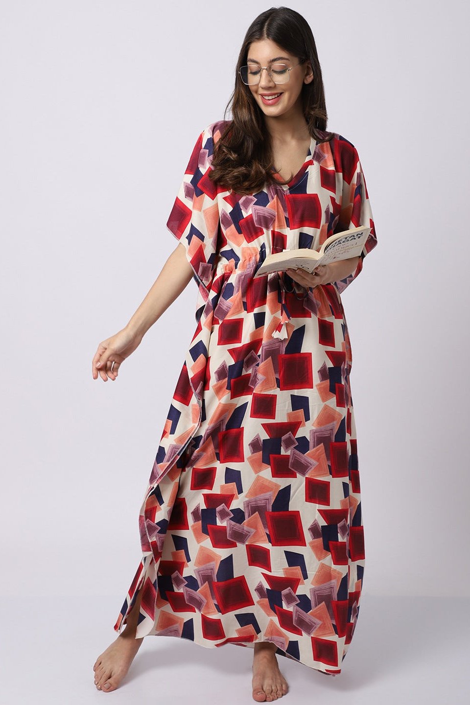 Lifestyle shot of abstract print Kaftan Dress for women